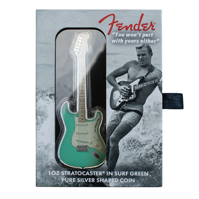 A picture of a Fender®  1 oz Pure Silver Stratocaster® Surf Green Shaped Coin (2022)